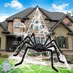 Halloween Decorations Outdoor Spider Webs:1Pcs Giant Spiders-Outdoor Use | 200'' Triangular Web with Hook-Stretch Web and Ground Stakes for Large Halloween Decor and Haunted House Decoration(4.1FT)