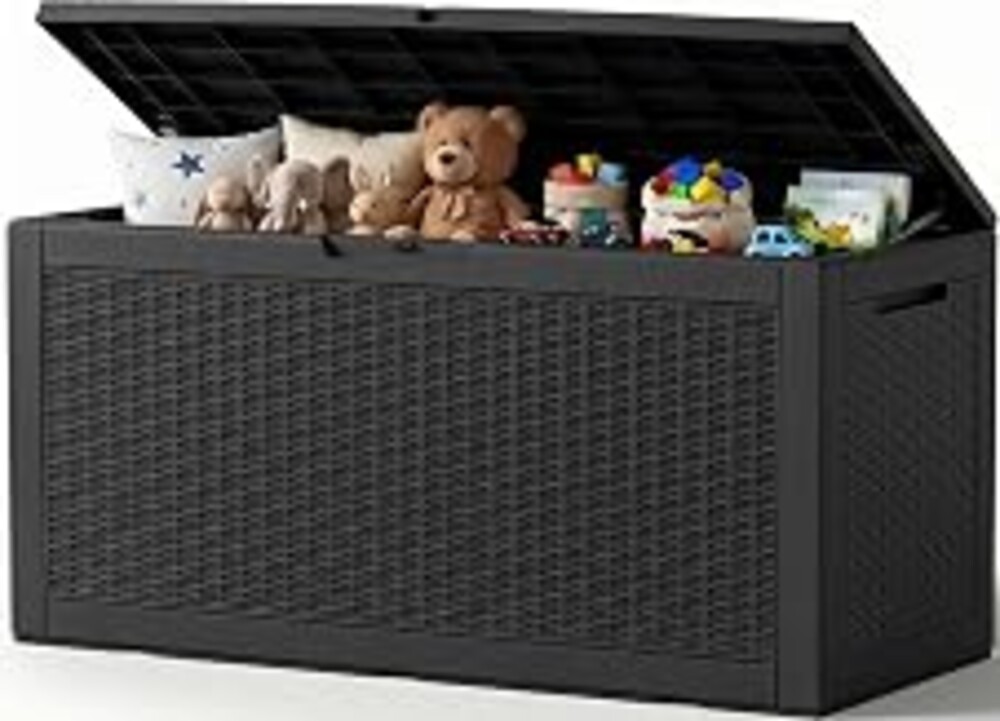 Outdoor Storage Box, 160 Gallon Waterproof Resin Deck Box with Support Rod | UV Resistant Lockable Package Delivery Bin, Shoe, Patio & Garden Tools Storage, Toy Cabinet, Ottoman, Indoor/Outdoor