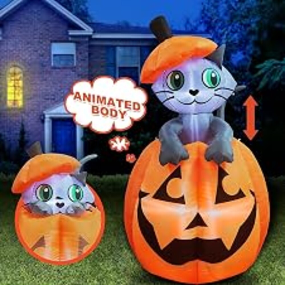 Joiedomi 5 FT Animated Pumpkin Inflatables, Outdoor Blow Up Cat On Pumpkin with LEDs for Yard, Outdoor Inflatable Halloween Decorations, Blow Up Halloween Decor for Outside