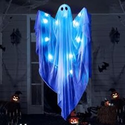 JOYIN Halloween Hanging Light up Ghost, 47” White Ghosts with Blue LED Light and Timer Halloween Hanging Decoration Waterproof for Front Yard Patio Lawn Garden Party Decor Indoor Outdoor