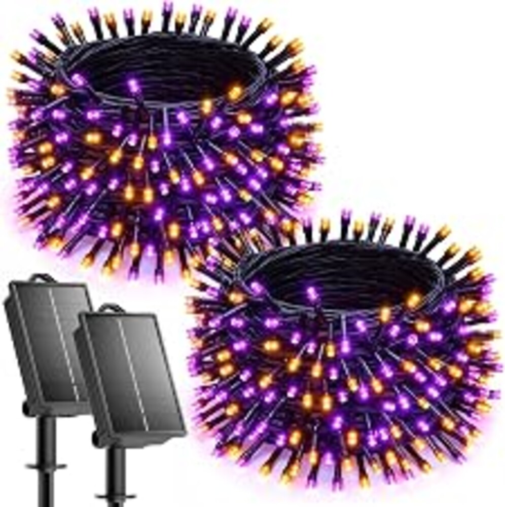 Brightown 2 Pack Solar Halloween Lights, 144ft 400 LED, Orange & Purple | 16+ Hrs Runtime Solar String Lights Outdoor Waterproof with 8 Modes & Auto On/Off for Garden Yard Tree Path Halloween Decor