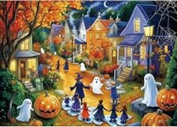 Halloween 1000 Piece Puzzle for Adults Jigsaw Puzzle Spooky Trick-or-Treat Scene with Pumpkins Ghosts & Haunted Houses Autumn Challenging Fun Family Game Night Puzzle with Poster（27"x20"）