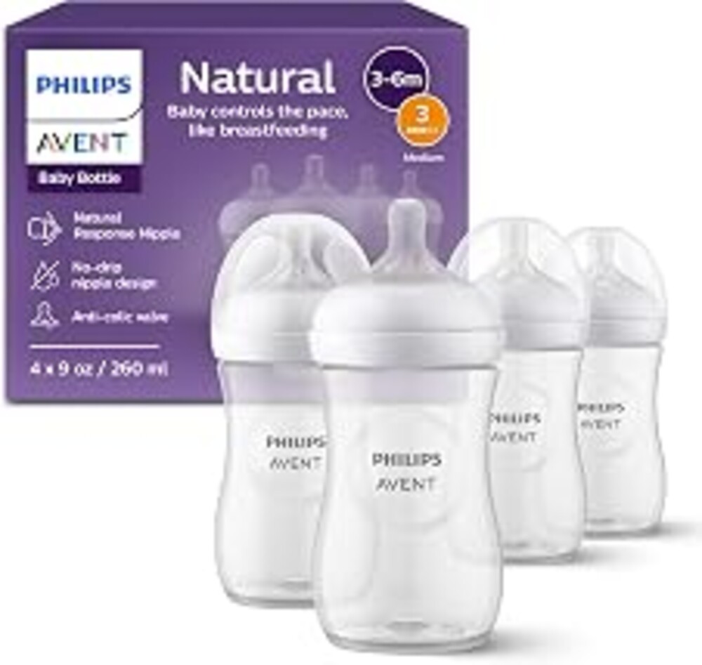 Philips Avent Natural Baby Bottles, Medium Flow, 9 oz, BPA-Free, 4-Pack | Breast + Bottle Feeding, Baby-Paced Milk Flow, Wide Breast-Shaped Nipple, Anti-Colic Valve, BPA-Free, Medium Flow Nipple
