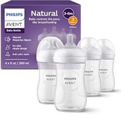 Philips Avent Natural Baby Bottles, Medium Flow, 9 oz, BPA-Free, 4-Pack | Breast + Bottle Feeding, Baby-Paced Milk Flow, Wide Breast-Shaped Nipple, Anti-Colic Valve, BPA-Free, Medium Flow Nipple