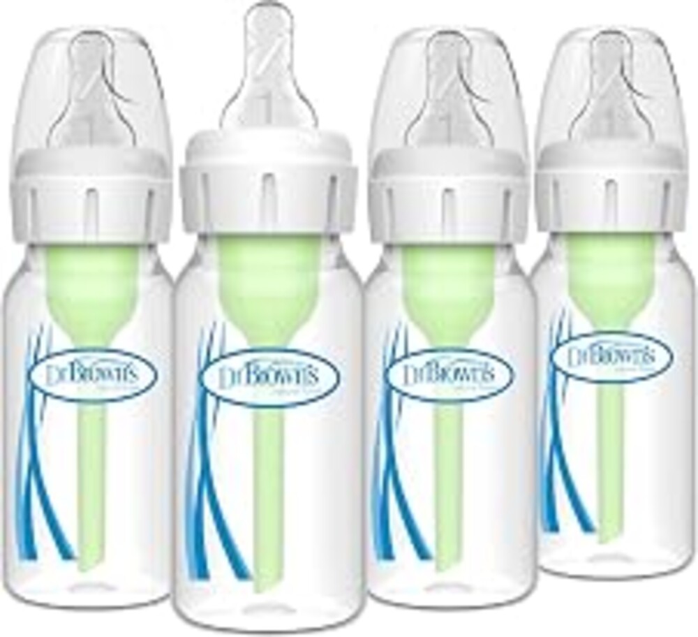 Dr. Brown's Anti-Colic Options+ Narrow Baby Bottle, 4 oz, 4-Pack | Clinically proven to reduce colic, bottles with Level 1 slow flow nipple, 0m+, BPA-free