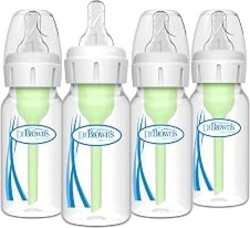 Dr. Brown's Anti-Colic Options+ Narrow Baby Bottle, 4 oz, 4-Pack | Clinically proven to reduce colic, bottles with Level 1 slow flow nipple, 0m+, BPA-free