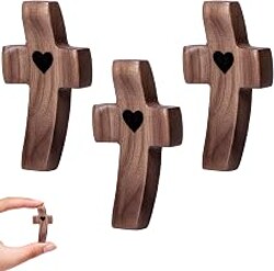 JIUKONG 3-Pack Wooden Cross Fidget, Handmade Pocket Walnut Cross | Handheld Prayer Cross My Heart Stress Relief, Inspirational Easter Gift for Christian Faith, Prayer, Religious Bulk Gifts