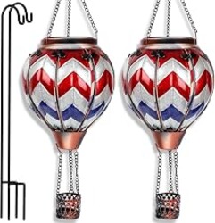 Twirleternity 2PCS Hot Air Balloon Solar Lantern with Metal Shepherds Hook | Glass Hanging Lanterns with Flickering Flame and Efficient Solar Panel Power Outdoor Waterproof Gifts White Red Blue