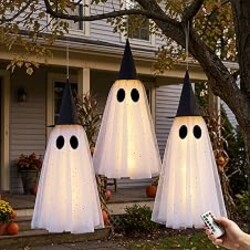 Halloween Ghost Decorations Outdoor, Halloween Hanging Ghosts Decorations | Set of 3, LED Lights & Remote Control, Timer Function, Waterproof, Three Different Sizes, Unique Ghost & Witch Fusion Design
