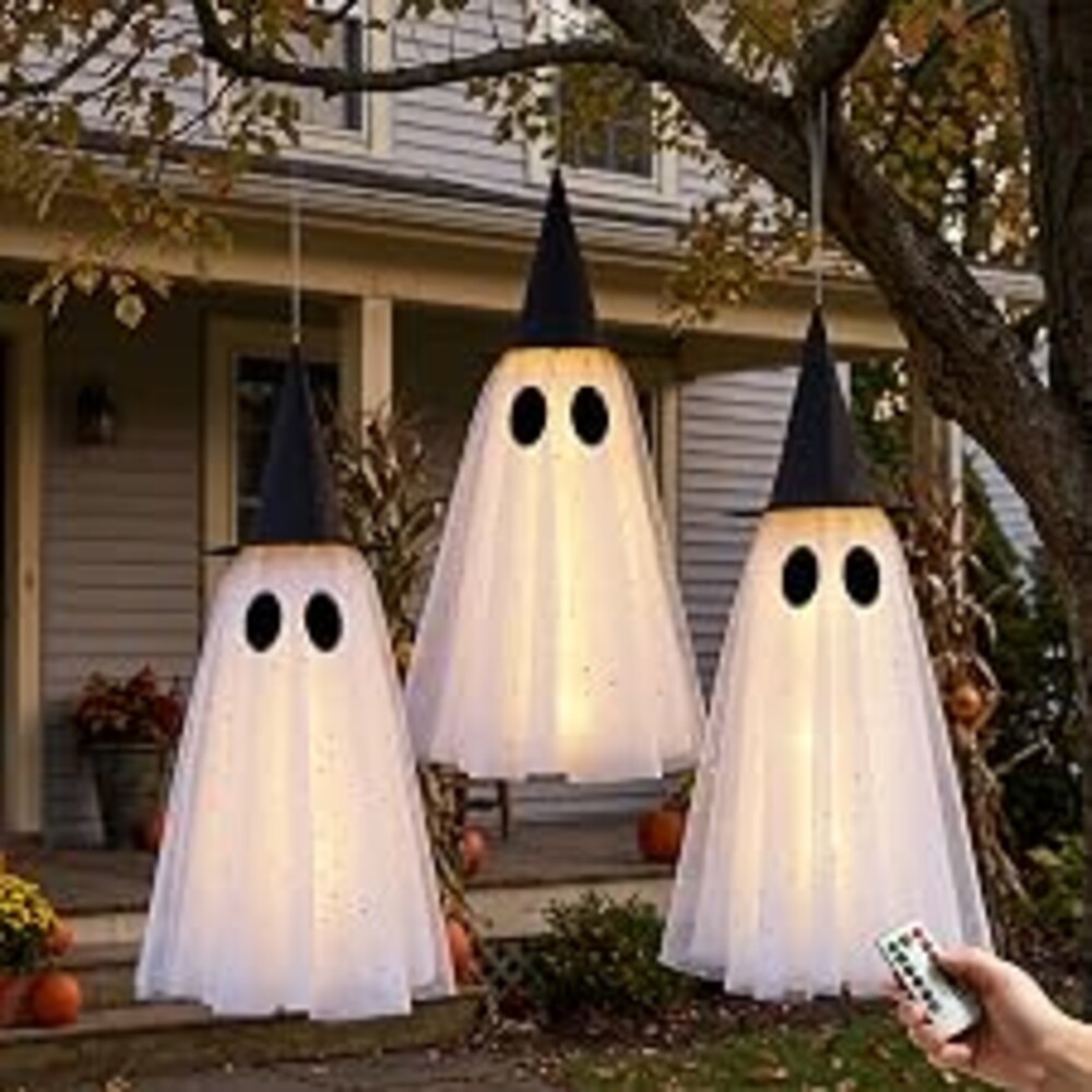 Halloween Ghost Decorations Outdoor, Halloween Hanging Ghosts Decorations | Set of 3, LED Lights & Remote Control, Timer Function, Waterproof, Three Different Sizes, Unique Ghost & Witch Fusion Design