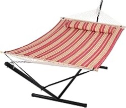 SUNCREATTwo Person Quilted Hammock Swing with 12ft Steel Stand, Red Stripes | Outdoor Hammock with Stand, Hammock Frames for Outside