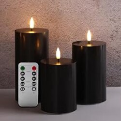 Girimax Black Halloween Flameless Pillar Candles with Remote Set of 3 | Flickering LED Candles, 2 AA Battery Power, Flat Top Real Wax Coating, Home Shelf Table Decor
