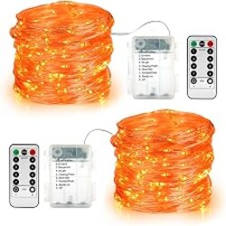 BrizLabs Orange Halloween Fairy Lights, Battery Halloween Light with Remote | 60 LED 8 Modes Twinkle String Light; Indoor Outdoor Waterproof Silver Wire for DIY Thanksgiving Home Bedroom Haunted Decor