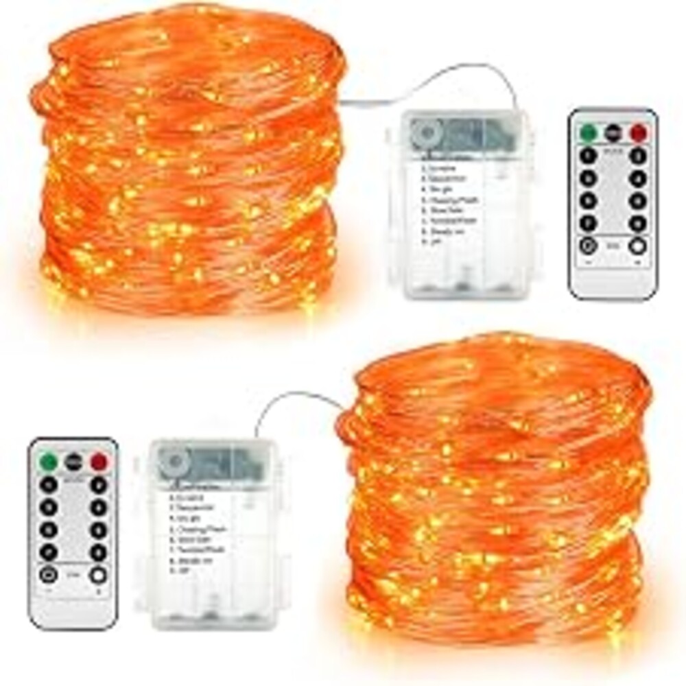 BrizLabs Orange Halloween Fairy Lights, Battery Halloween Light with Remote | 60 LED 8 Modes Twinkle String Light; Indoor Outdoor Waterproof Silver Wire for DIY Thanksgiving Home Bedroom Haunted Decor