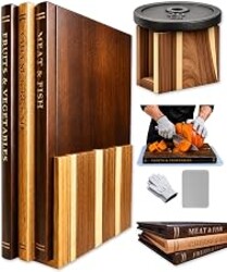 Book Cutting Board Set, Kitchen Cutting Boards, 3 Labeled Boards with Stand | 13 x 9 x 0.8 in Each, Solid Acacia Wood, Natural Wood Grain, Gift Box, Cut-Resistant Gloves & Non-Slip Mat