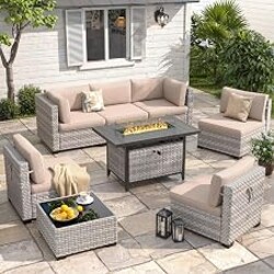 MAISON BACKYARDS 6-Seat Modern Outdoor Wicker Rattan Patio Furniture Set with 55,000 BTU Fire Pit Table, Thick 4″ Cushions, All-Weather Dual-Strand Rattan, Rust-Resistant Steel Frame,Beige