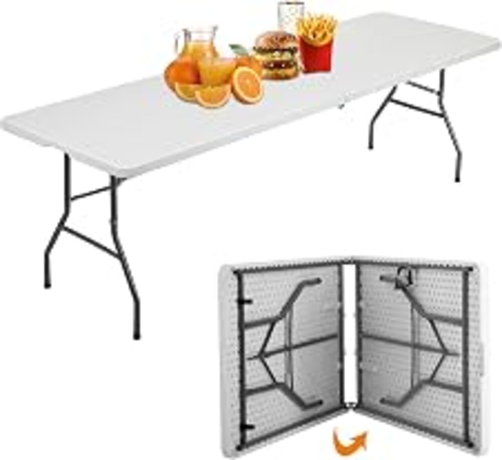 BestOffice | 8FT Folding Table | White | Portable Plastic Table | with Carry Handle | Waterproof & Foldable Table Design | Steel Frame with Lock | for Events, Camping, Indoor & Outdoor Use