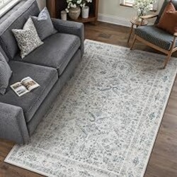 PureCozy Blue Small Area Rug 4x6 Vintage Neutral | Washable, Non Slip, Low Pile, Indoor Carpet for Entryway, Kitchen, Living Room, Bedroom, Retro Floral Decor, Farmhouse
