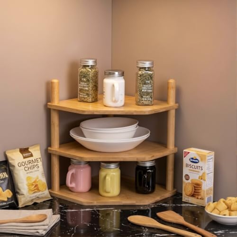 3‑Tier Bamboo Corner Shelf, Countertop S