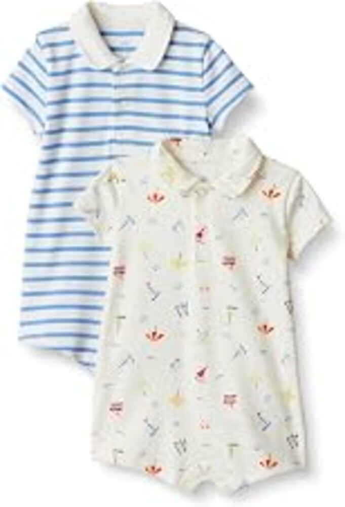 Amazon Essentials x Sofia Grainge Baby Boys' Short Sleeve Cotton Romper with Snap Closure, Breathable, Pack of 2