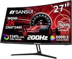 SANSUI 27 Inch WQHD 2560X1440 Curved Gaming Monitor 200Hz MPRT 1ms | Computer Monitor,HDMI2.0 * 2, DP1.4 * 2,Freesync,Curved 1500R,5000:1 Contrast Ratio,120% sRGB,HDR(ES-G27C1Q DP Cable Incl.)