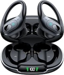occiam Active Noise Cancelling Earbuds Wireless Bluetooth Headphones | Ear Buds 90Hrs Playback Stereo Bass Earphones with Mic Over-Ear Hooks IPX7 Waterproof Headset for Sports Running Matte Black