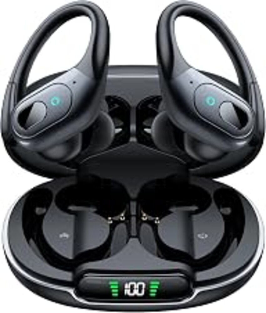 occiam Active Noise Cancelling Earbuds Wireless Bluetooth Headphones | Ear Buds 90Hrs Playback Stereo Bass Earphones with Mic Over-Ear Hooks IPX7 Waterproof Headset for Sports Running Matte Black