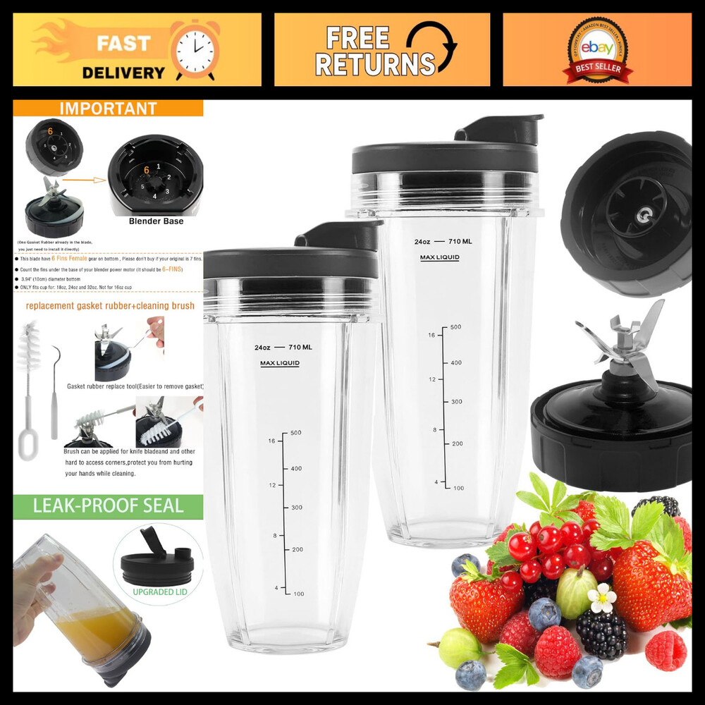 6-Fins Blender Blade Replacement & 2x 24oz Cups for Ninja Auto iQ BL450 BL480D