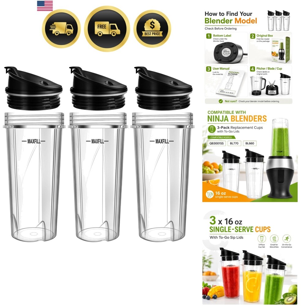 16 oz Ninja Blender Cups Replacement, 3 Pack Cups with Lids, Compatible with ...
