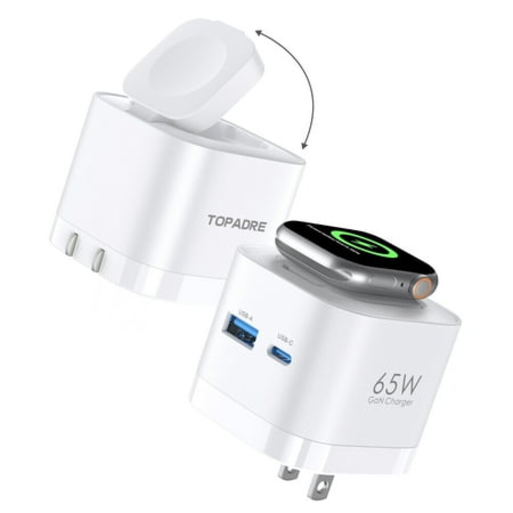 TOPADRE 65W 3-in-1 GaN Fast Wall Charger with Wireless Charging for Apple watch, USB-C + USB-A Ports, Foldable Plug (White)