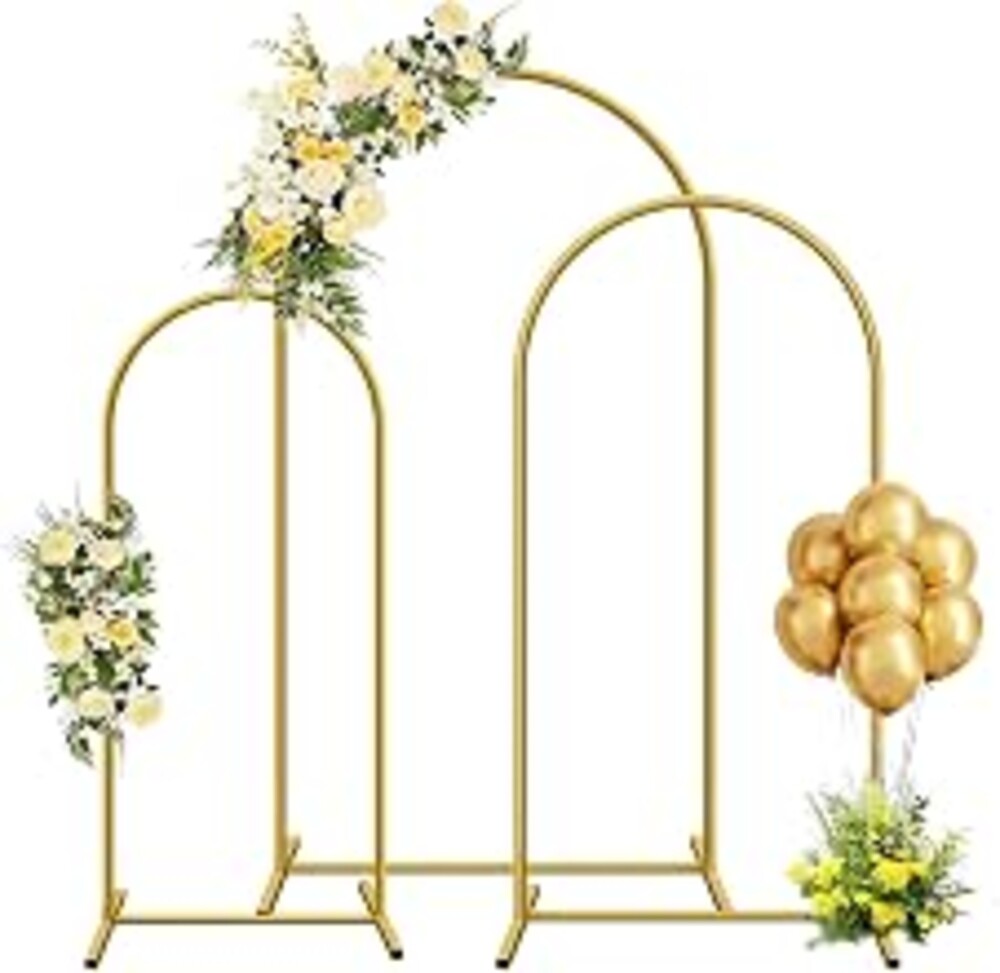 YAYOYA Metal Arch Backdrop Stand, Set of 3 (4/5/6ft) Wedding Arch Stand | Ground nails for stability, easy set-up, gold arch background stand, for baby shower & photography, party balloon arch stand