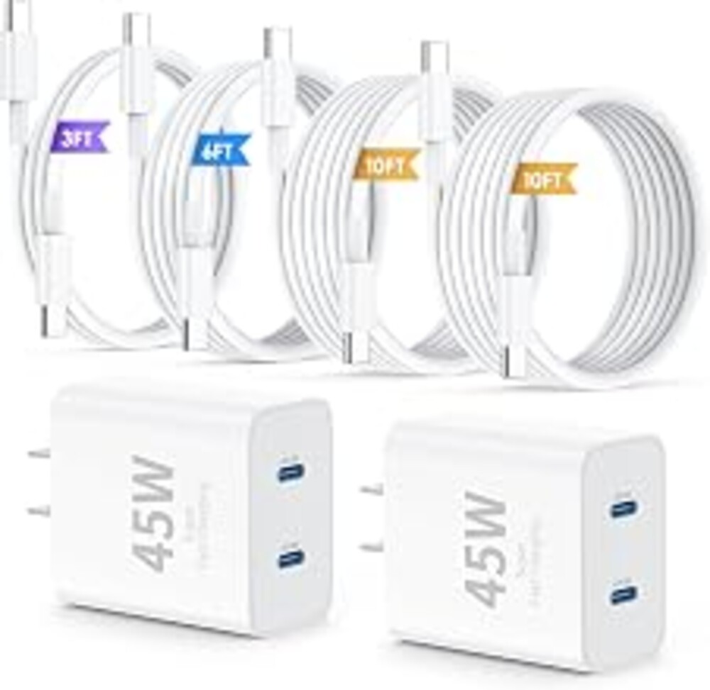 QZIIW iPhone 17 16 18 Pro Max Fast Charger,45W Dual Port USB C Fast Charger | Extra Long 60W 3/6/10/10FT USB C Fast Cable - [2-Pack] PD Quick Adapter 3.0 for iPhone 16 15 17/16 17 18 Pro Samsung S26 S25