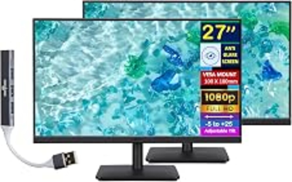 acer 27" FHD IPS Monitor with 4ms Response Time (2-Pack) | Anti Glare, VESA Mount (100mm), VGA, HDMI, & Dockztorm Hub, Black Color