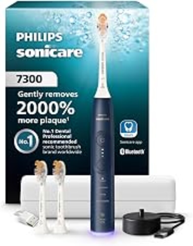 Philips Sonicare 7300 Rechargeable Electric Toothbrush, 3 Brush Heads, Navy | 2000% More Plaque Removal¹, Visual Pressure Sensor, 12 Brush Settings, App Connected, 21-Day Battery, Travel Case, HX7423/05