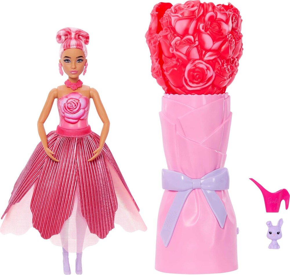 Barbie Petal Pop Scented Doll with Rose Dress & Accessories, Bouquet Reveal with Pet Bunny & Surprises Like Watering Can, Necklace & Earrings​​​