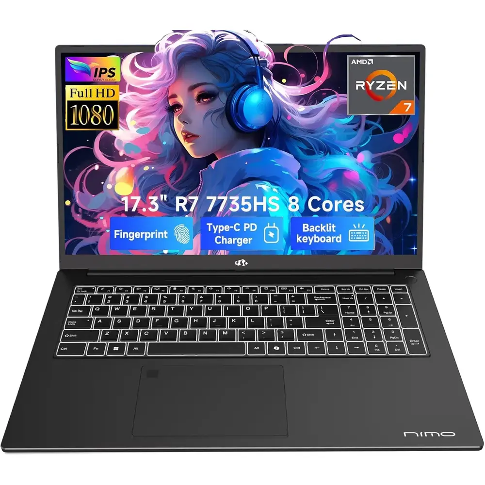 17.3" Gaming-Laptop, AMD Ryzen 7 7735HS (8C/16T, Beats i7-12650H) 32GB DDR5 RAM 1TB SSD Computer with Radeon 680M, 100W Type-C, WiFi-6E, 75Wh Battery, Fingerprint, Backlit Keyboard for Business