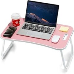 ZEAPTAC Laptop Bed Desk, Foldable Lap Desk, Portable Lap Table, Laptop Stand with Cup Holder, Tablet Slot & Lifting Handle for Work, Write, Draw & Eat on Bed, Sofa or Couch - Pink