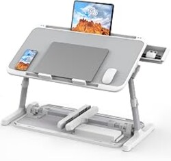 HETTHI Bed Laptop Table Adjustable Foldable Laptop Stand 22.04×12.2in Gray | Stable plastic frame, Storage Drawer & Tablet Slot, Portable Laptop Stand for Working Eating Reading on Bed Sofa Floor