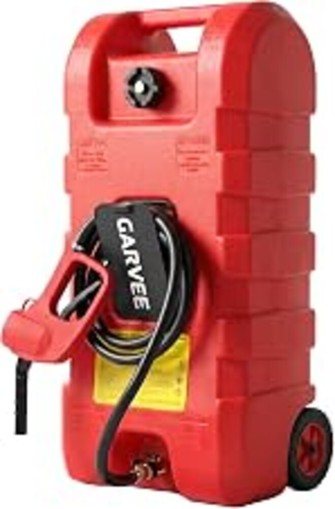 Garvee 15 gal Gas Can, Heavy-Duty Gas Tank and Fuel Caddy with Manual Fuel Transfer Pump, Portable Fuel Tank on Wheels with 10 ft Hose for Lawn Mowers, Cars, Boats, ATVs, Home and Farm Use, Red