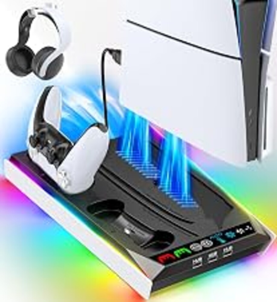 PS5/Slim/Pro Stand for Disc & Digital Console, PS5 Cooling & Charging Station with RGB Lights, PS5 Controller Charger Built-in 3 Level & AUTO Adjustable Fan, Accessories for PlayStation 4 Chargers