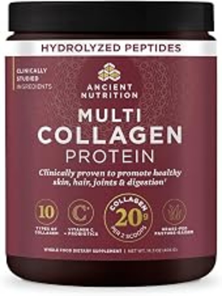 Ancient Nutrition Multi Collagen Protein, Hydrolyzed Peptides, Unflavored | Vitamin C, Probiotics, Grass-Fed Hydrolyzed Collagen, Supports Skin, Hair, Nails, Joints, Gut Health, 40 Servings