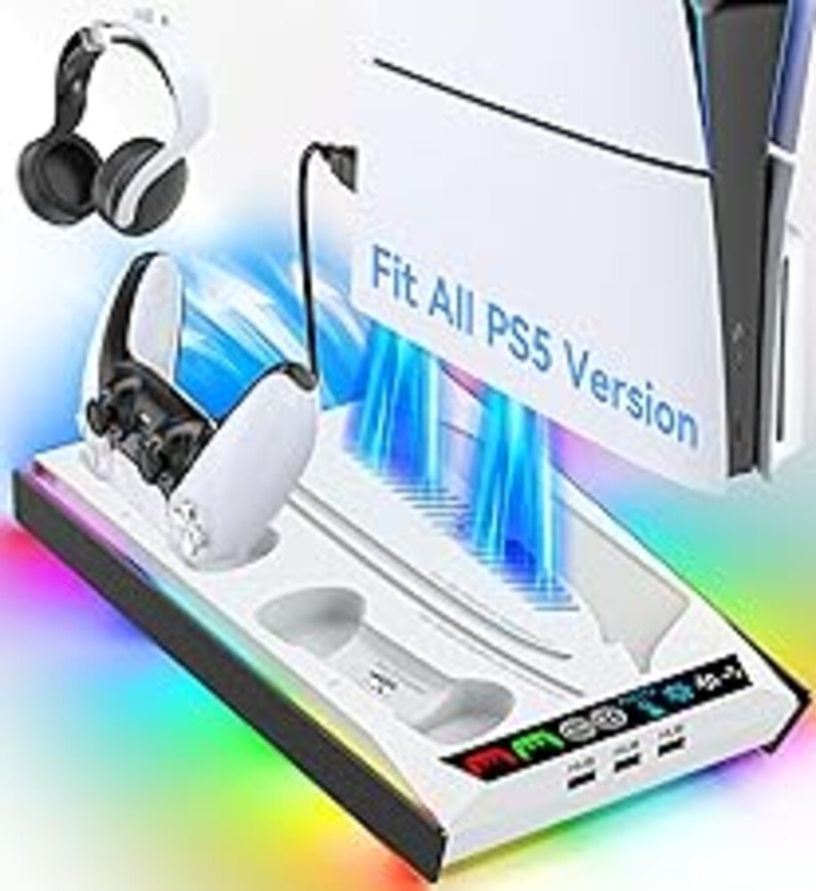 Rysker PS-5/Slim/Pro Stand for Disc & Digital Version, PS-5 Cooling Station with RGB Ambient Lighting, Controller Charger Built-in 3 Level Fan, PS-5 Cooling Stand for PlayStation 5 Case