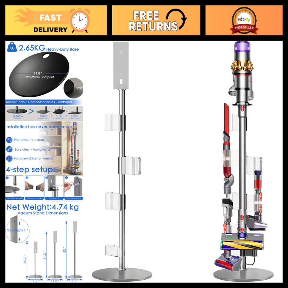 Height-Adjustable Vacuum Stand for Dyson V7 V8 V9 V10 V11 V15, Stainless Steel H