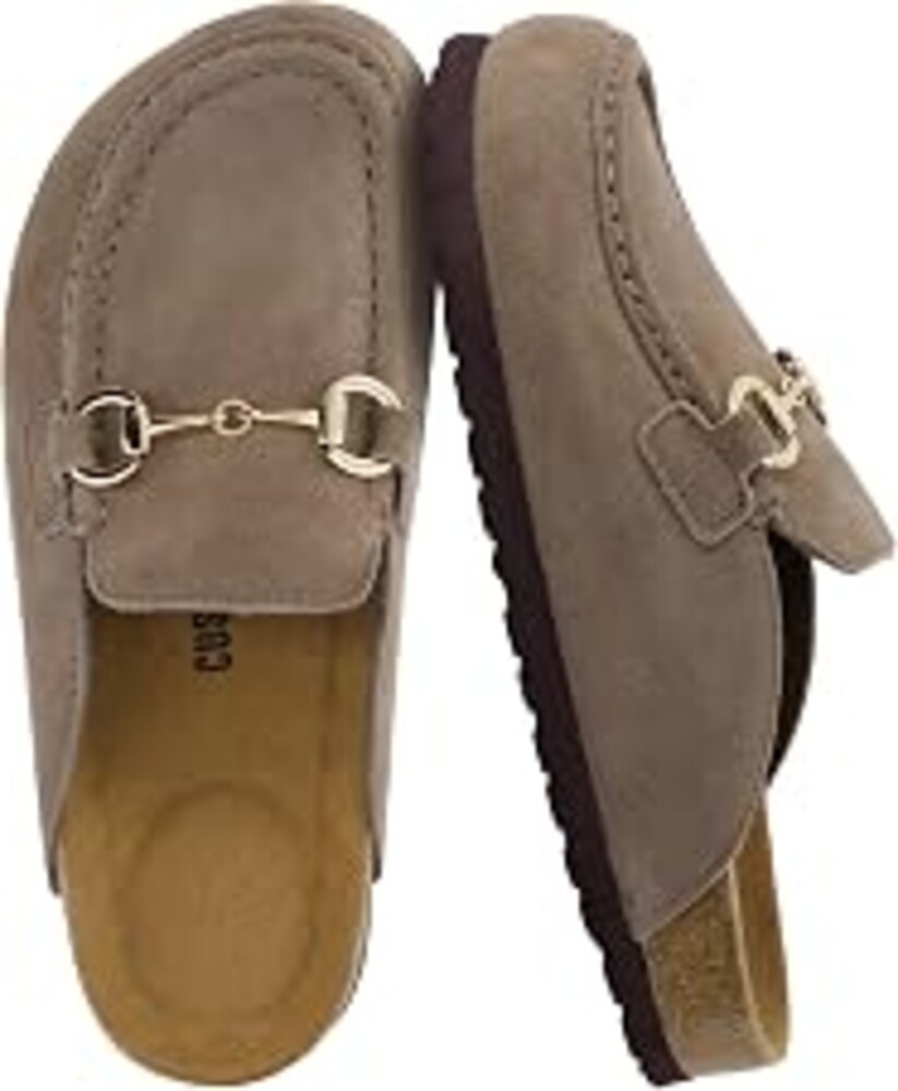 CUSHIONAIRE Cliff Suede Clog Mules for Women | 100% Genuine Suede Upper, Gold Horsebit Detail, Cork Footbed, Backless Slip On Design, Treaded Outsole, Round Moc Toe