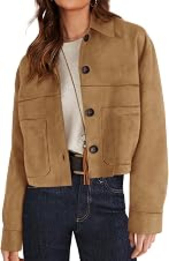 PRETTYGARDEN Women's Faux Suede Shacket Jackets Lightweight Cropped Coats | Button Down Collared, Oversized Fall Outerwear, Casual Work Office Clothes, Spring Winter Going Out Outfits, Patch Pockets