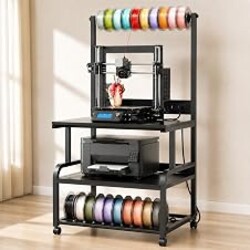 Homieasy 3D Printer Stand with Charging Station, 29.1" x22.8", Black | Large Printer Table with Filament Storage, Heavy Duty Rolling Printer Cart with Wheels, 2-Tier Wood Shelves for 2 Devices