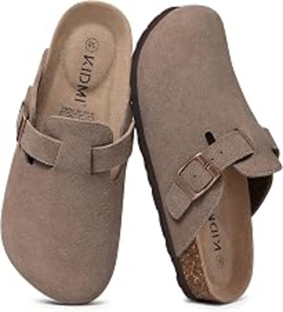 KIDMI Genuine Suede Clogs for Women Men Cork Footbed Mules Potato Shoes | Arch Support, Comfortable, Leather Slip On, Fall, Casual, Indoor Outdoor, Non-slip Rubber Sole, Adjustable Metal Buckle