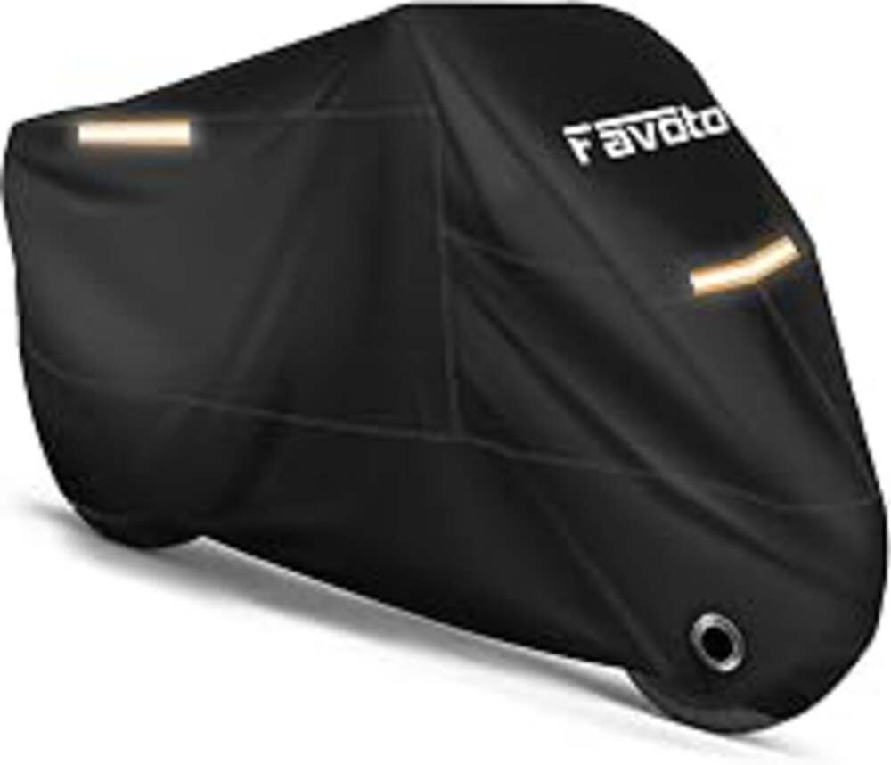 Favoto Motorcycle Cover Waterproof Outdoor Motorcycle Cover Heavy Duty | Windproof Motorcycle Tarp All Weather Rain UV Protection with Lock-Holes Night Reflective Strips＆Storage Bag Fits up to 96.5"