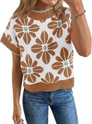 Saodimallsu Womens Floral Sweater Tops Short Sleeve Vintage Crew Neck Loose Knit Summer Pullover Sweaters