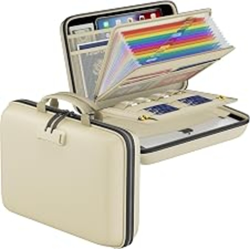 DocSafe Fireproof File Organizer with Lock, Hard-Shell Case Fireproof Document Box with 13 Pocket Accordion File Folder, Portable Home Office Travel Safe Storage for Important Documents Laptop Beige